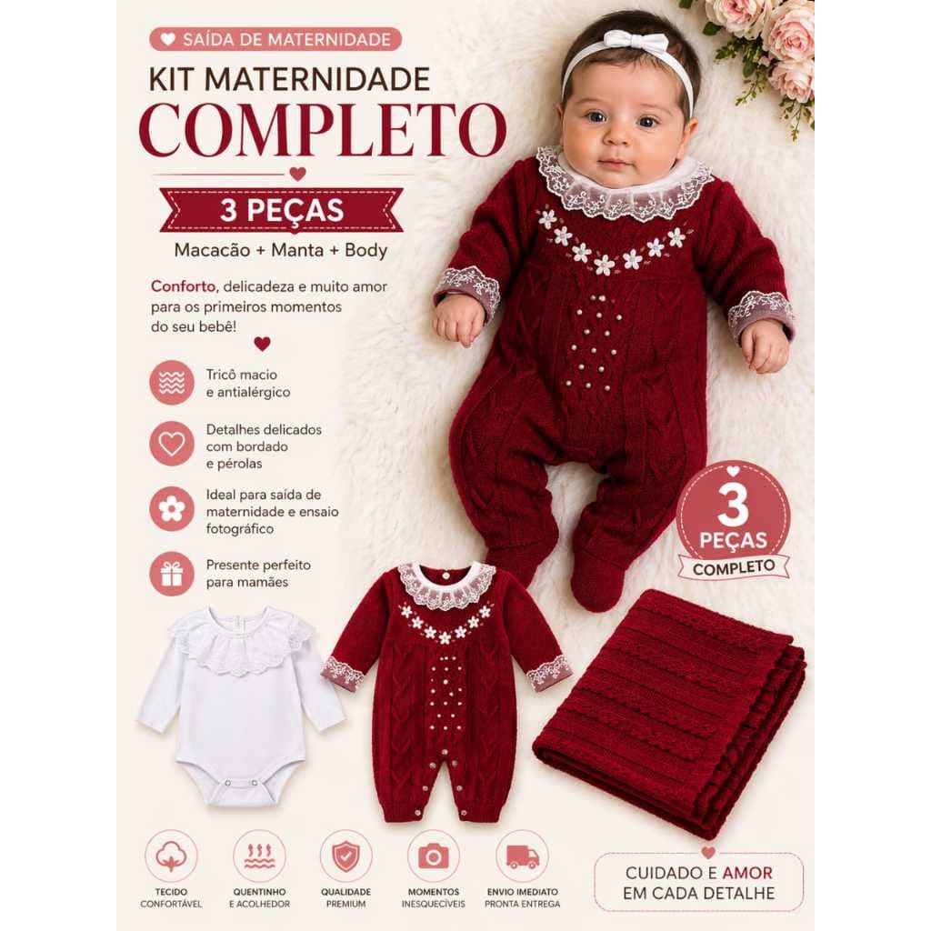 Kit Saída de Maternidade  Macacão Luxo Linha Premium Bebê  Menina completa Macacão Manta Body