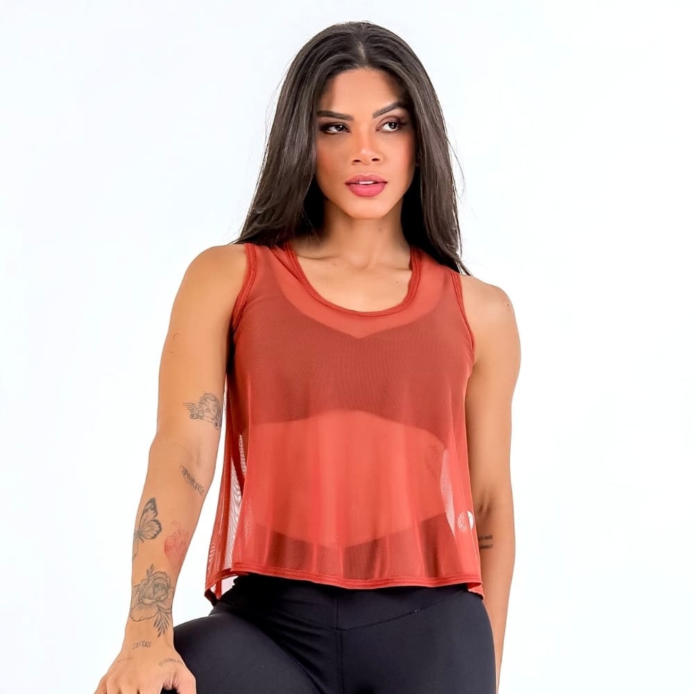 Regata Tule Fitness Feminina Furadinha Telinha Mesh Transparente Academia Blusa Respirável Minay