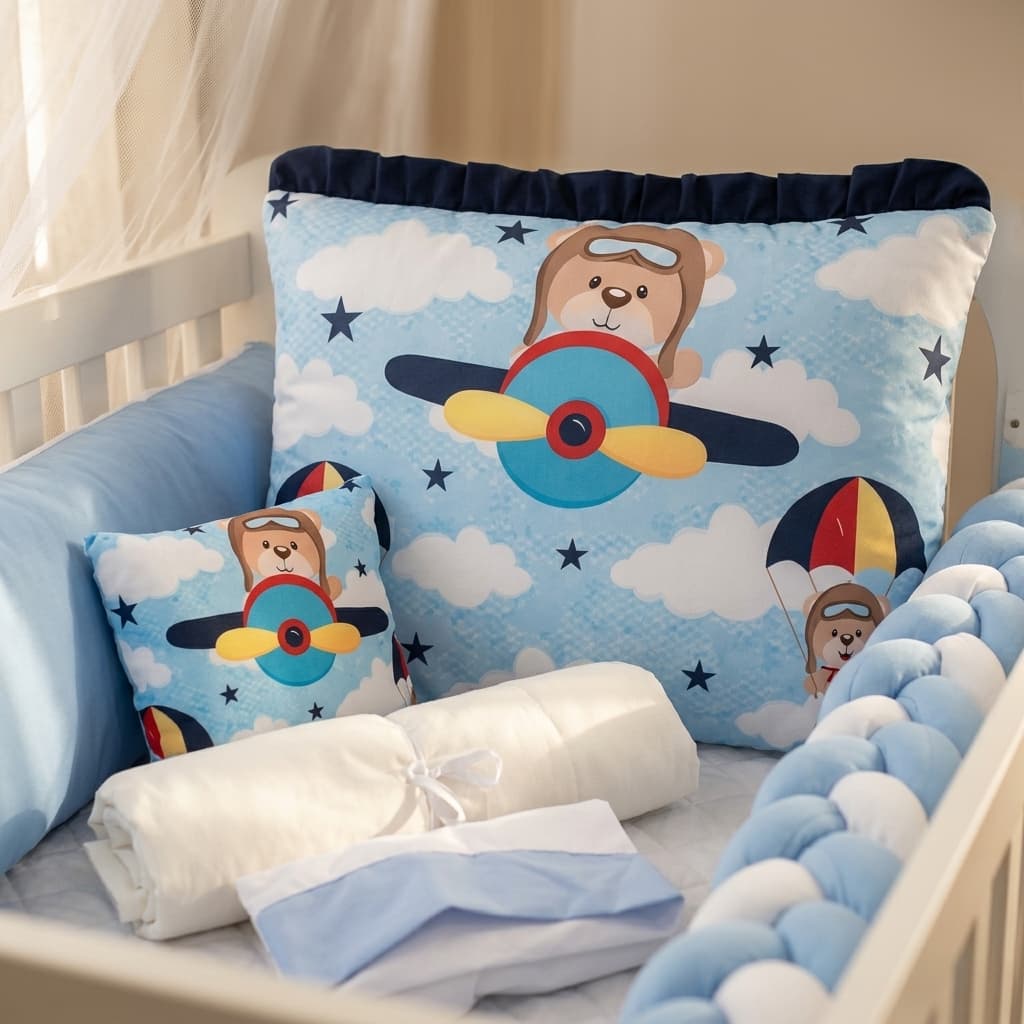 Kit Berço 10 Peças Sublimado Urso Aviador Azul bebê