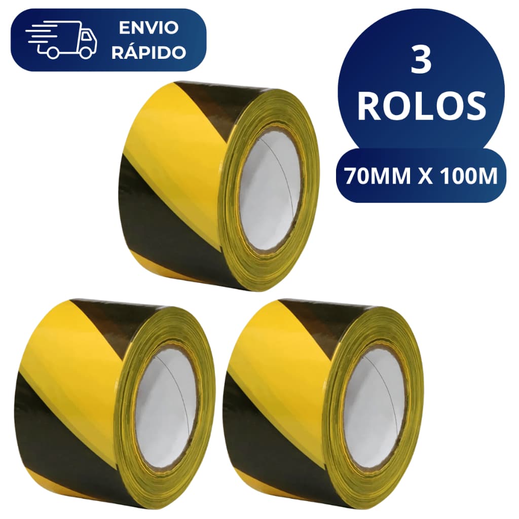 Kit 3 Fita Zebrada Amarela e Preta 70mm X 100 Metros Para Isolamento Sinalização Interdição Obras