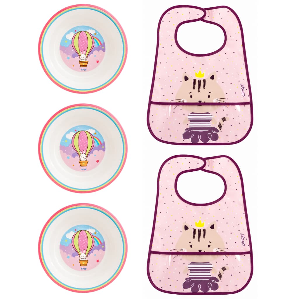 Kit 3 Tigelas Para Refeição + 2 Babadores Impermeáveis Prato Infantil BOLW Introdução Alimentar Menina Coelhinha Gatinha