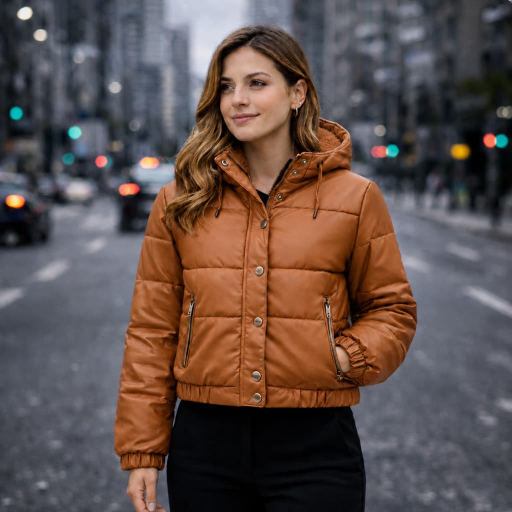 Jaqueta de Couro Feminina Puffer Bobojaco Cropped Peluciada Capuz Removivel