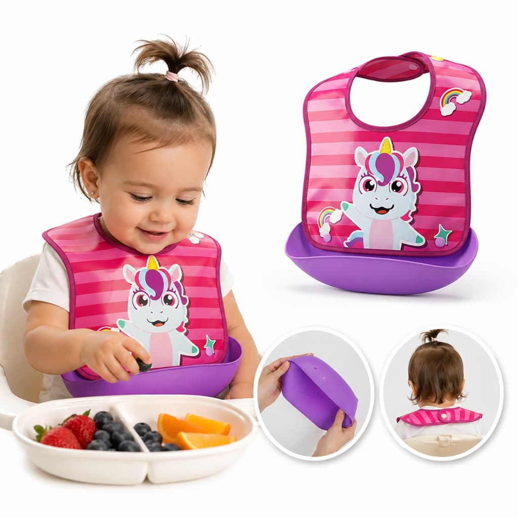 Babador Bebê Menina Unicórnio Impermeável com Bolso Pega Migalhas Ajustável Introdução Alimentar
