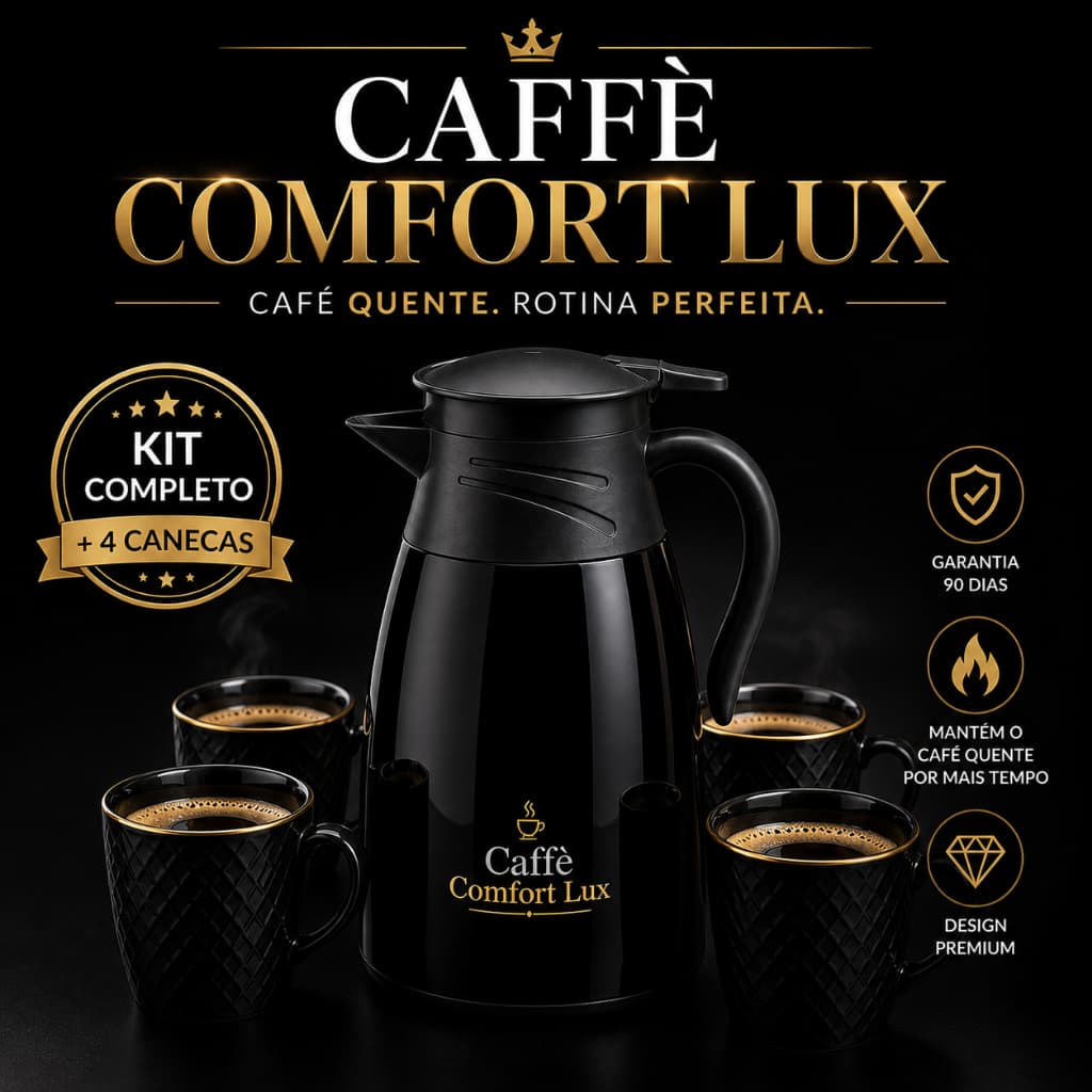 Kit Garrafa Térmica 1 Litro + 4 Canecas Caffè Comfort Lux™ – Café Quente por Horas, Design Moderno Casa Escritório