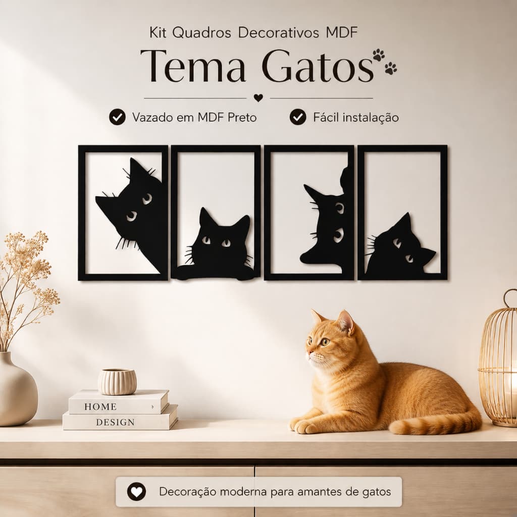 Kit 4 Quadros Gatos MDF Preto 15x12cm Moldura Vazada Silhueta Gatos Decoração Sala Quarto Escritorio