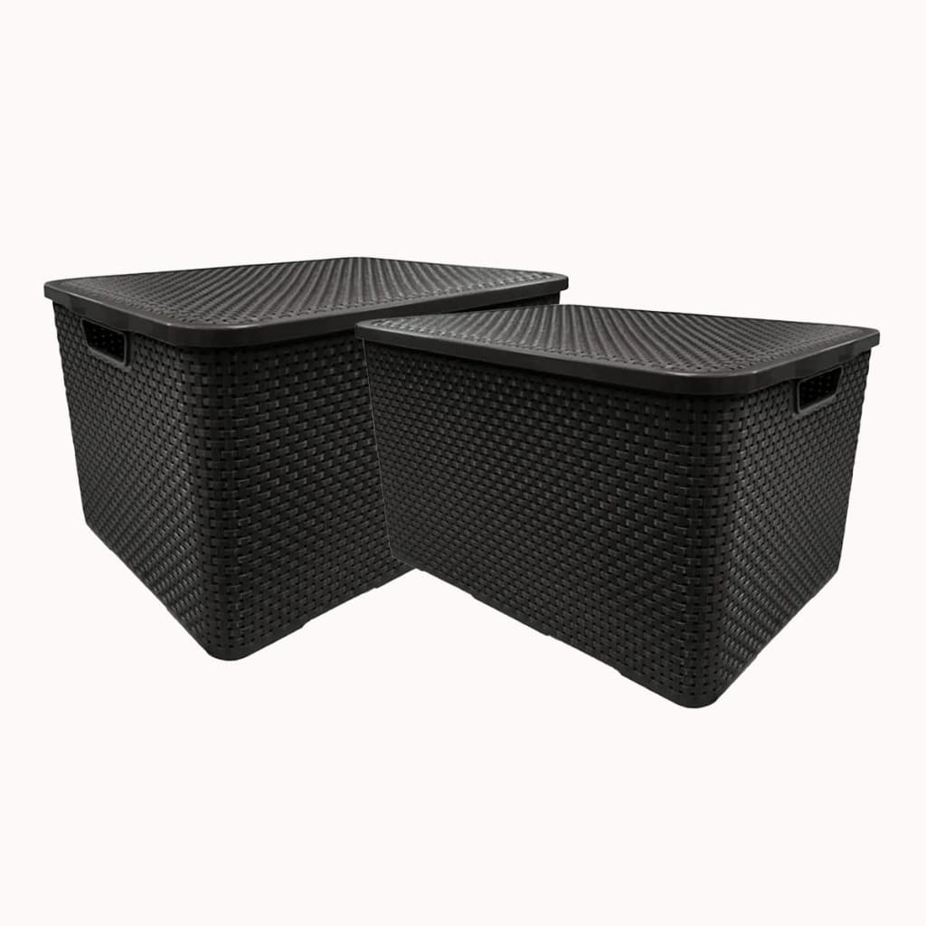 Kit c/2 Caixa Organizadora Multiuso Cesto Preto 70L Plastica Grande Tampa Rattan