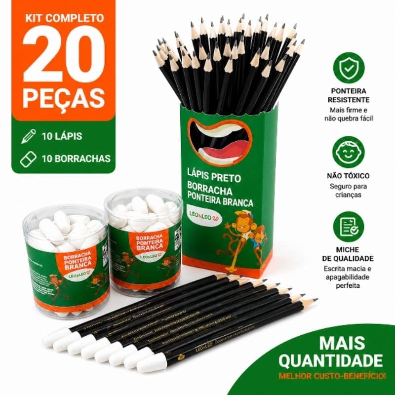 Kit Escolar 20 Peças 10Lápis +10 Borracha Ponteira Não Tóxico Resistente Ideal cursos escritório