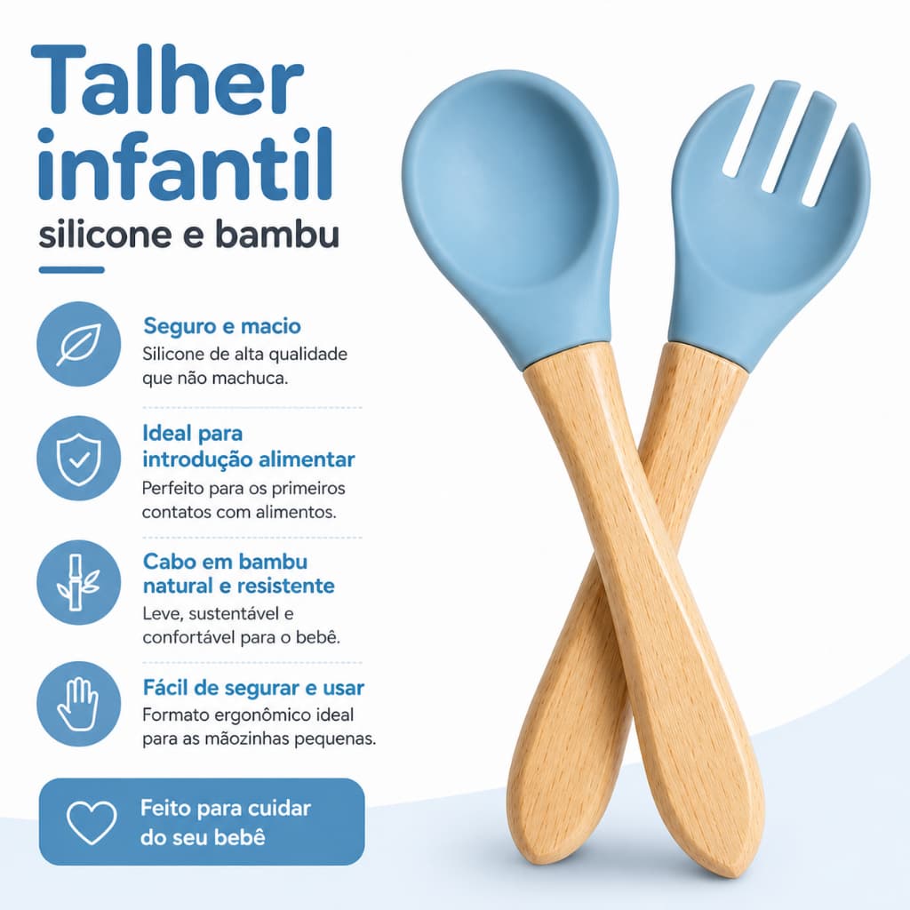 Talher Bebê Silicone Azul 👶 Seguro e Macio para Introdução Alimentar