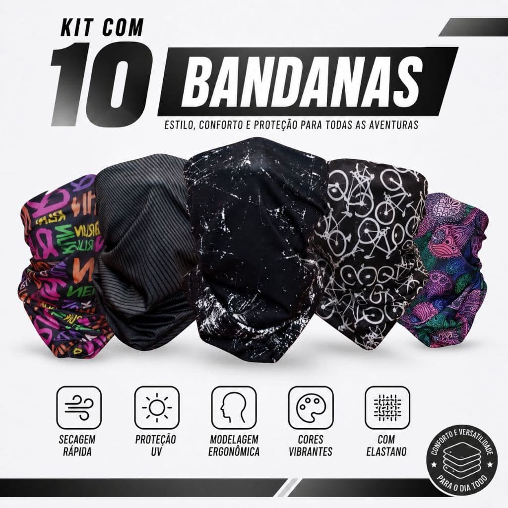 Kit 10 Bandanas Tubular Ciclismo Corrida Balaclava UV+ Variadas