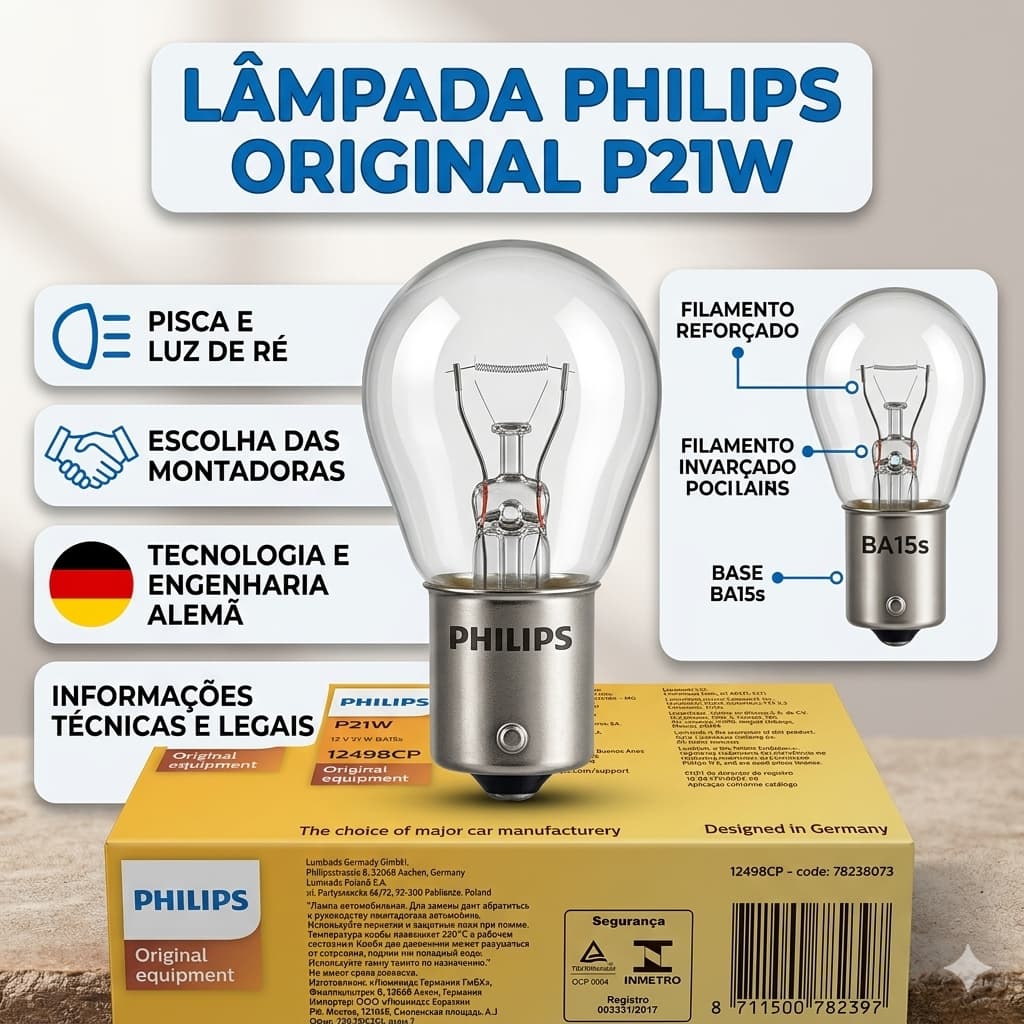 Lâmpada Freio Pisca 1 POLO ORIGINAL PHILIPS - Designed in Germany 12v P21w 12498CP