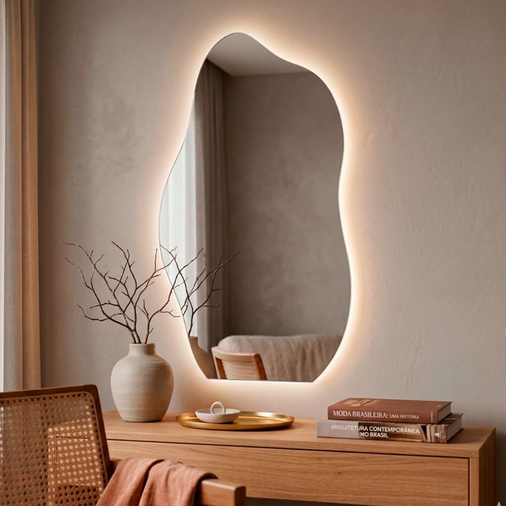 Espelho com Led de Parede 110x60cm Espelho Orgânico para Sala Quarto Banheiro Escritório Mod Flame