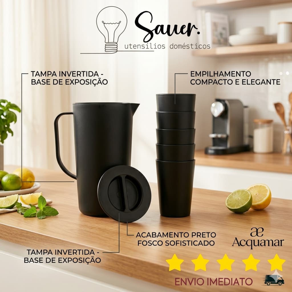 Kit Jarra 2L Com 6 Copos Preto Reforçados Acquamar Plástico Resistente Livre BPA Kit Servir