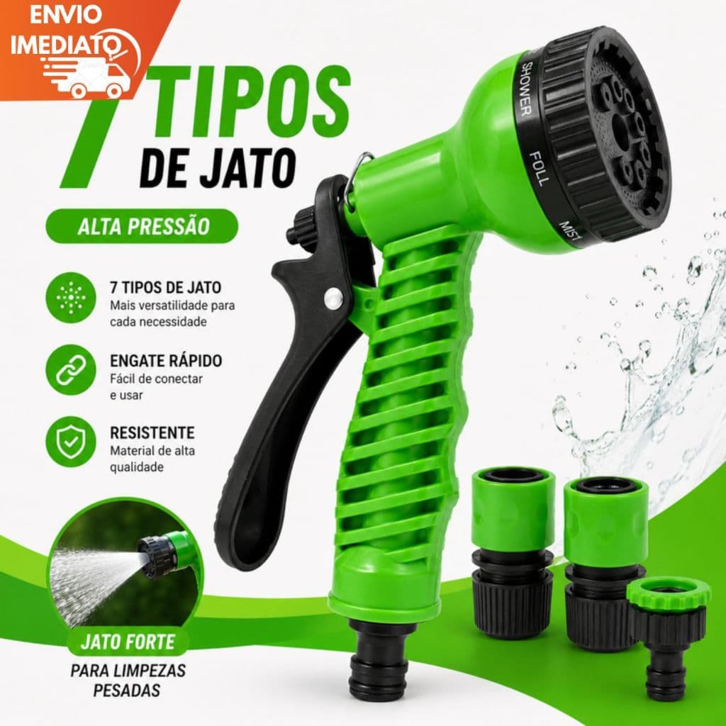 Esguicho Mangueira 7 Jatos Ajustáveis Alta Pressão  com 2 Engates Rápido e 1 adaptador  Limpeza jardim