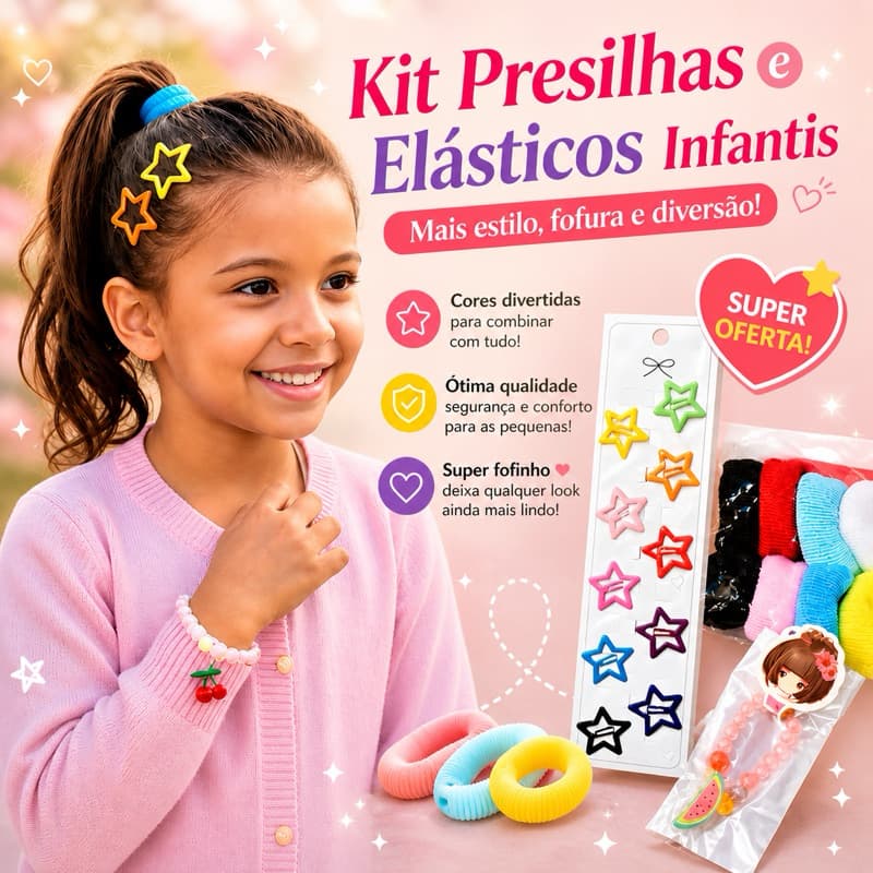 Kit Acessórios de Cabelo Infantil Presilhas Estrela + Elásticos Coloridos + Pulseira Infantil Menina