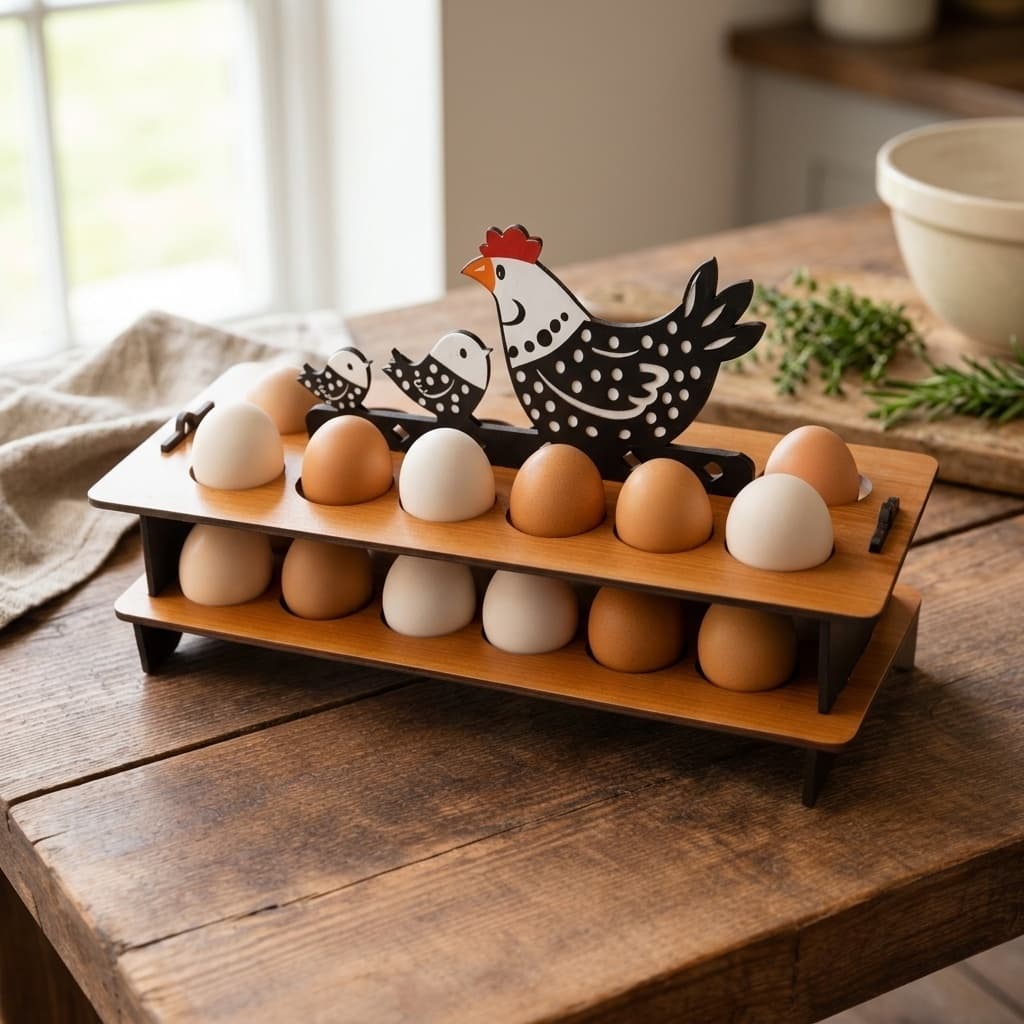 Suporte para Ovos em Madeira 2 Andares Decorativo Galinha – Organizador de Cozinha