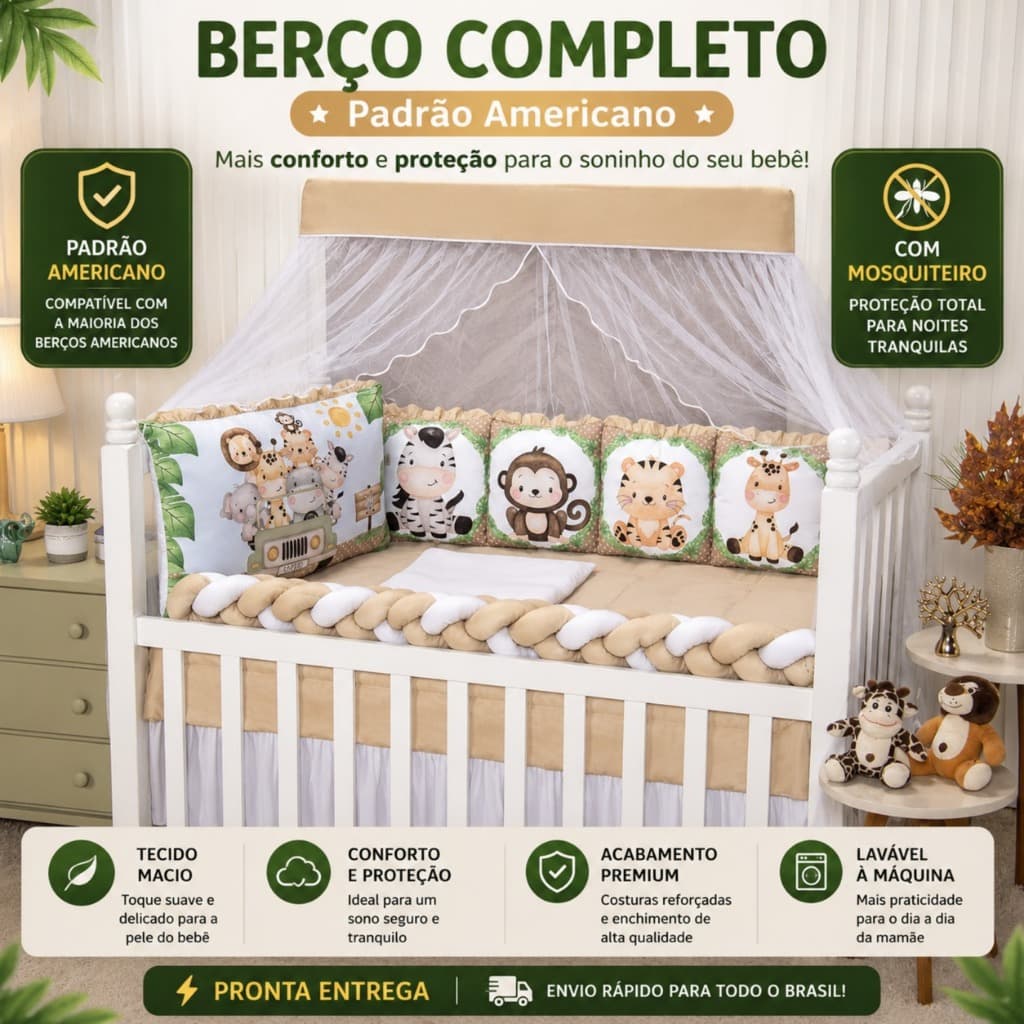 Kit Berço Safari Caqui Padrão Americano Almofadinha 12 Peças Completo