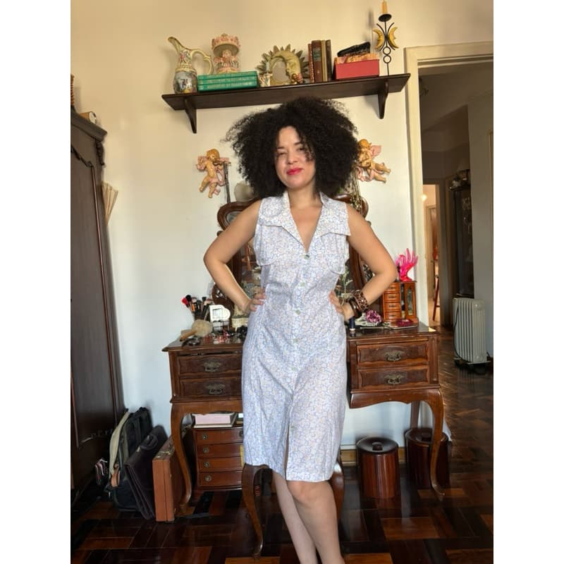 vestido salopete vintage florido 100% algodão brechó desapego bazar