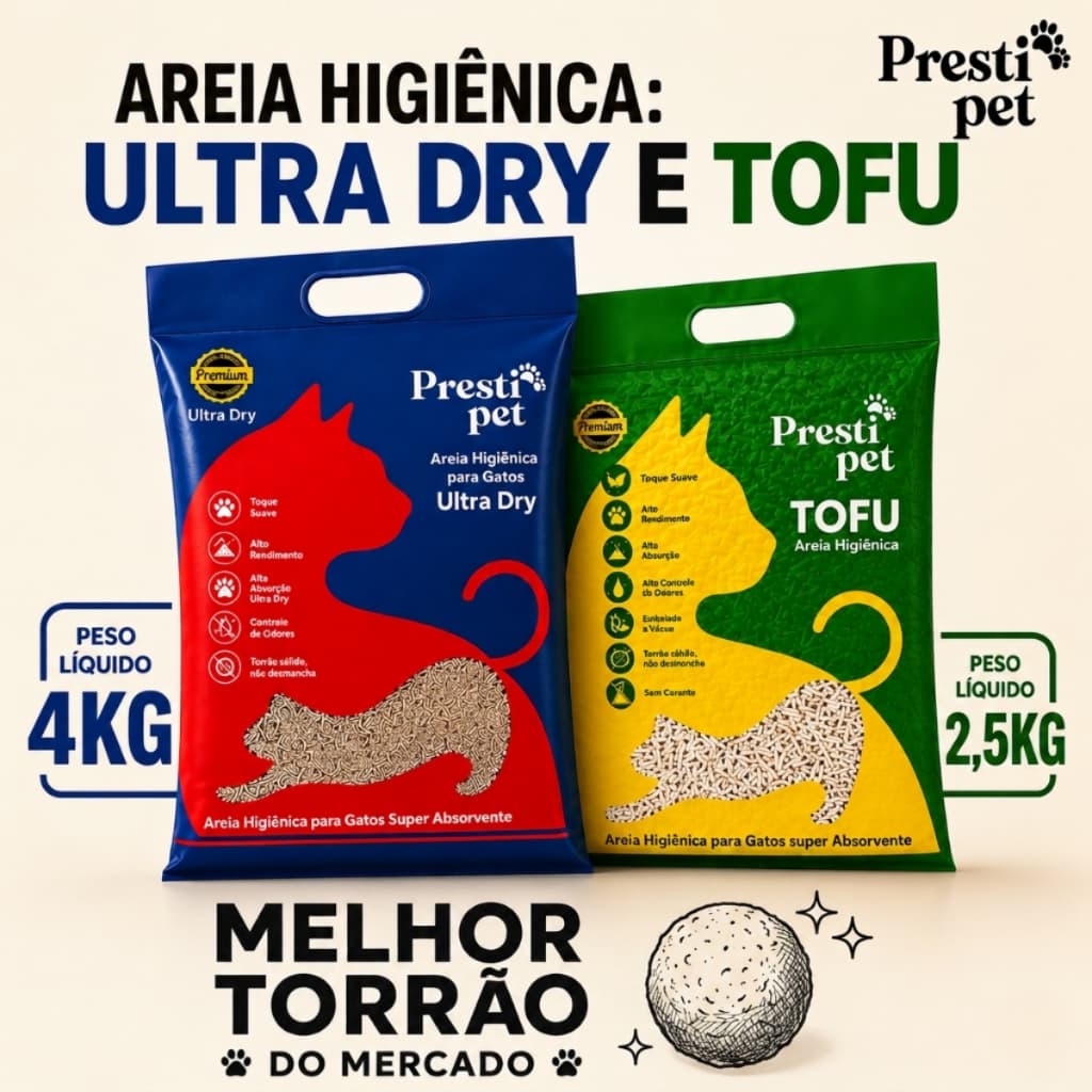 Areia Higiênica Presti Pet Biodegradável / Natural de Tofu ou Ultra Dry
