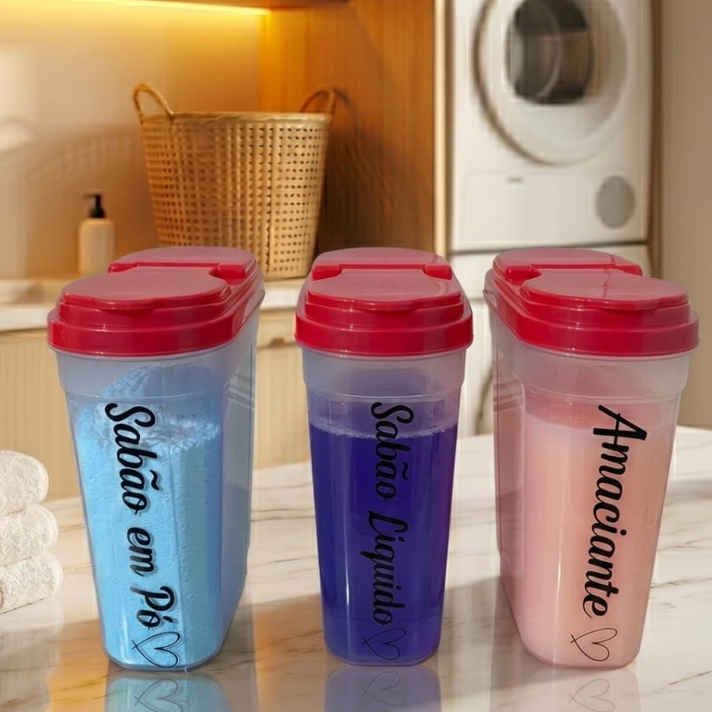 Kit 3 Porta Sabao Dispensers para Lavanderia com Adesivos de Amaciante-Sabao Liquido-Sabao em Pó