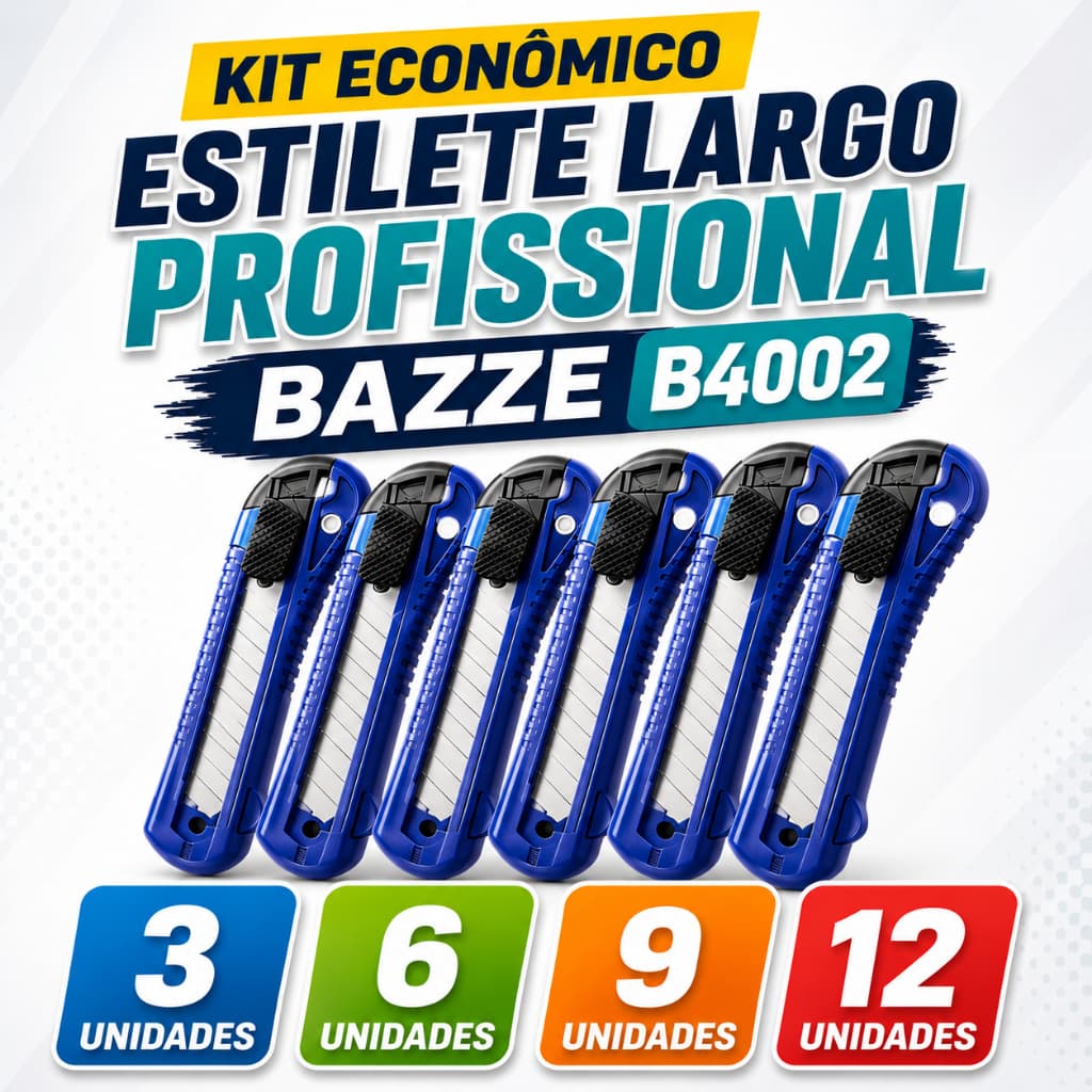 Kit Estilete Largo Profissional Bazze B4002 Lâmina Refilável Segurança Total 3 a 12 Unidades