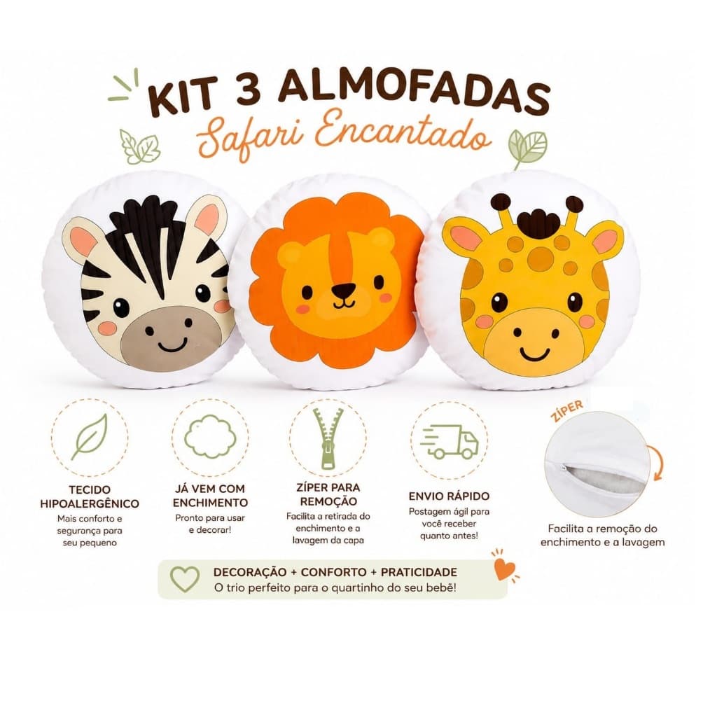 Kit De almofadinas 25x25 com Enchimento e ziper Safari Encantado decoração Quarto Infantil
