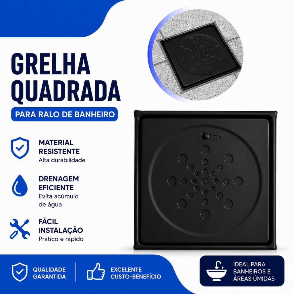 Ralo Grelha Quadrado Black  10x10 Anti Odor Abre e Fecha Para Banheiro ou Area Gourmet Com Caixilho