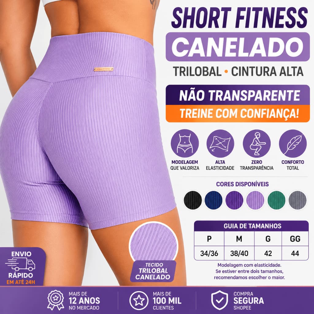 Short Fitness Feminino Canelado Cintura Alta Não Transparente Academia