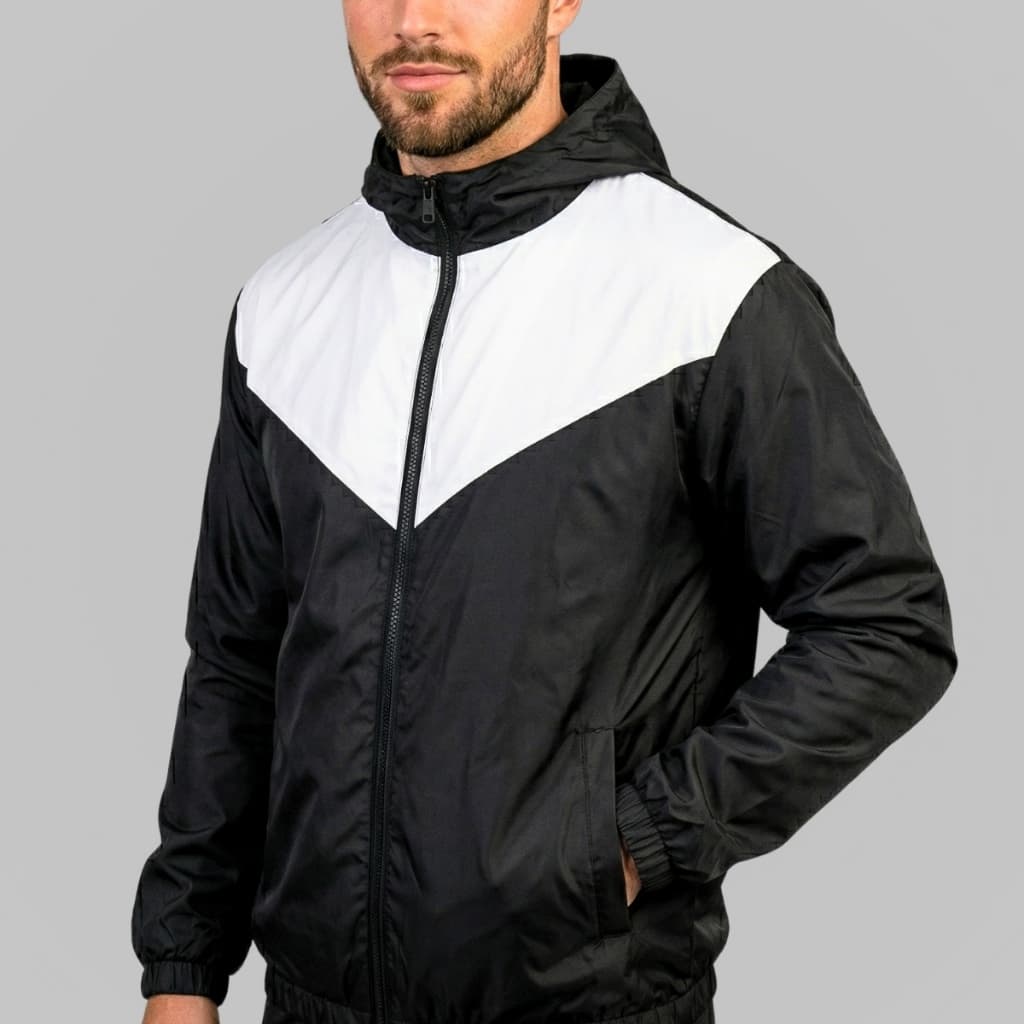Jaqueta Lisa Corta Vento Preto com Branco - Premium Masculino