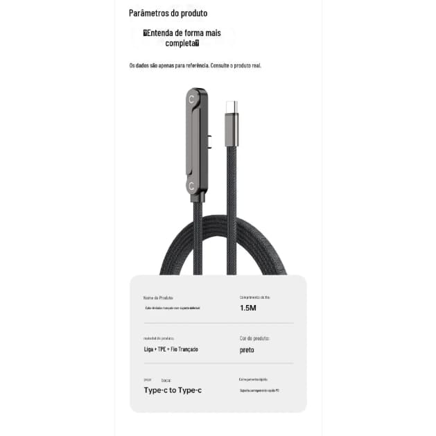 Cabo de Carregamento Rápido Dobrável 240W tipo C para tipo C Android super rápido 240w 1.5m