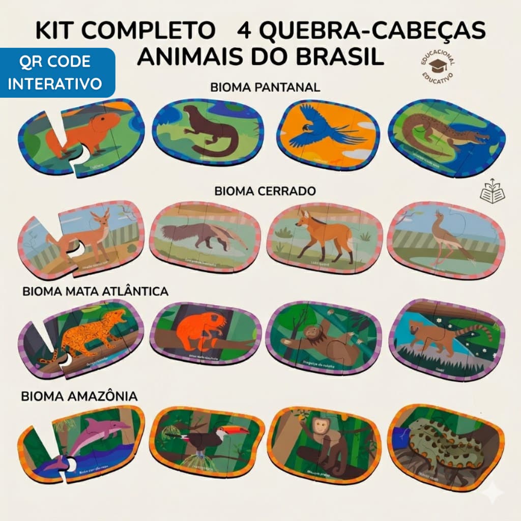 Kit Quebra-Cabeças Biomas do Brasil | Biomas do Brasil + QR Code Educativo | Cerrado, Pantanal, Amazônia, Mata Atlântica