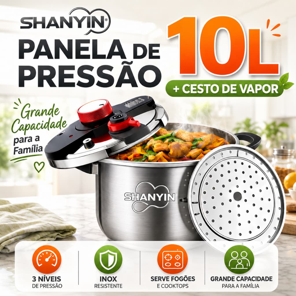 【SHANYIN】Panela de Pressão  Inox 10L com Cesto a Vapor 3 Pressões Indução e Fogões