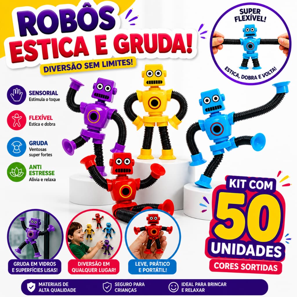 Kit 50 Robô Pop It Led Estica Puxa Gruda Ventosa Tubo