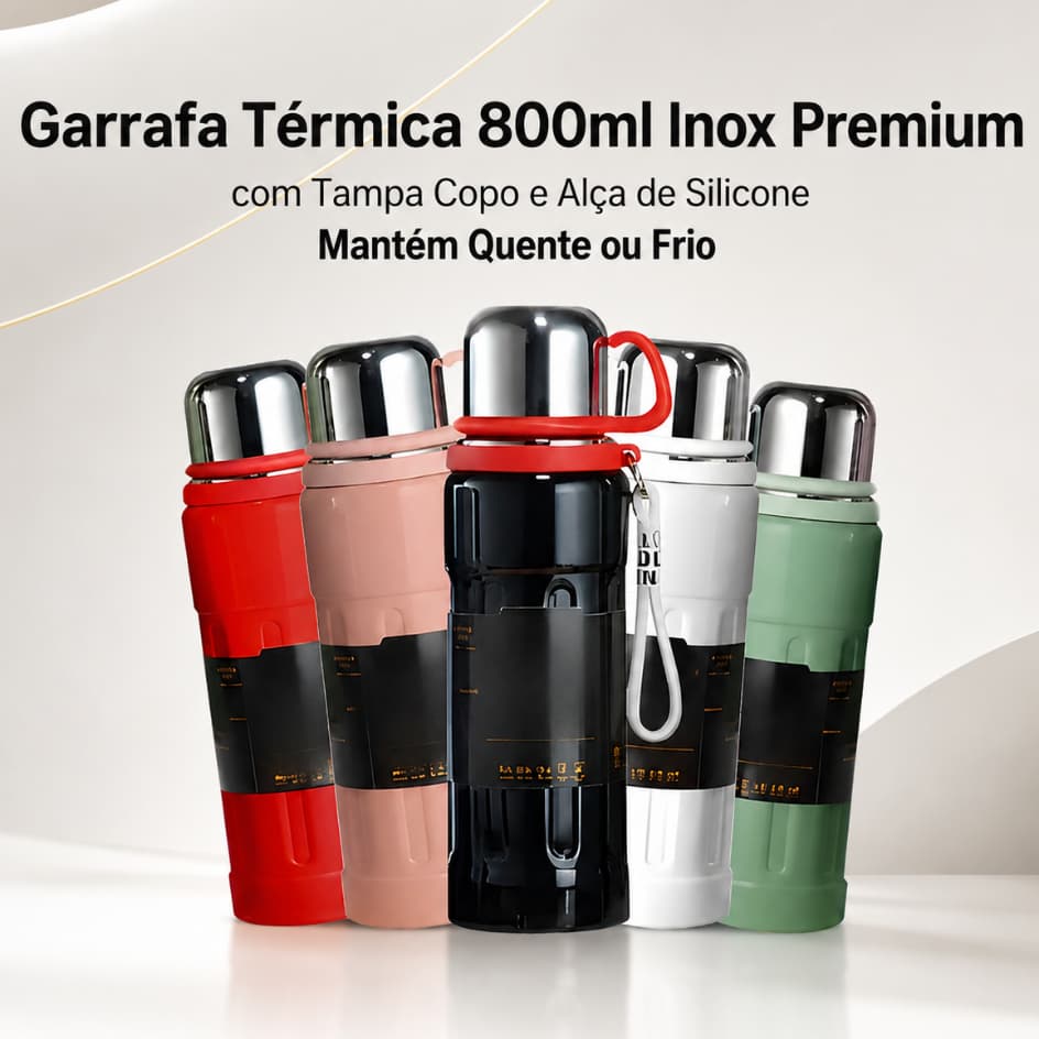 Garrafa Térmica 800ml Inox Premium com Tampa Copo e Alça de Silicone | Anti Vazamento