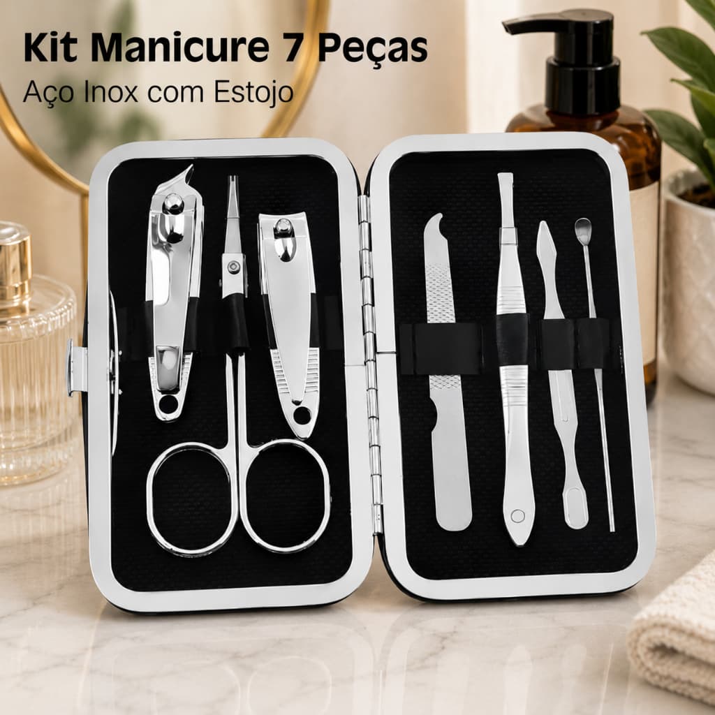 Kit Manicure 7 Peças Aço Inox com Estojo – Cortador de Unha, Tesoura, Pinça e Lixa Portátil