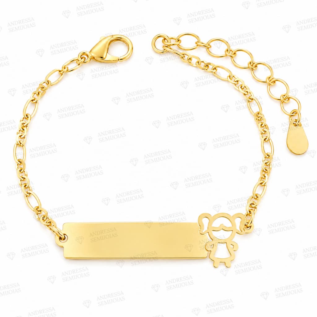 Pulseira Infantil Menina Chapa Gravação Nome Bebe Folhado Ouro 18k