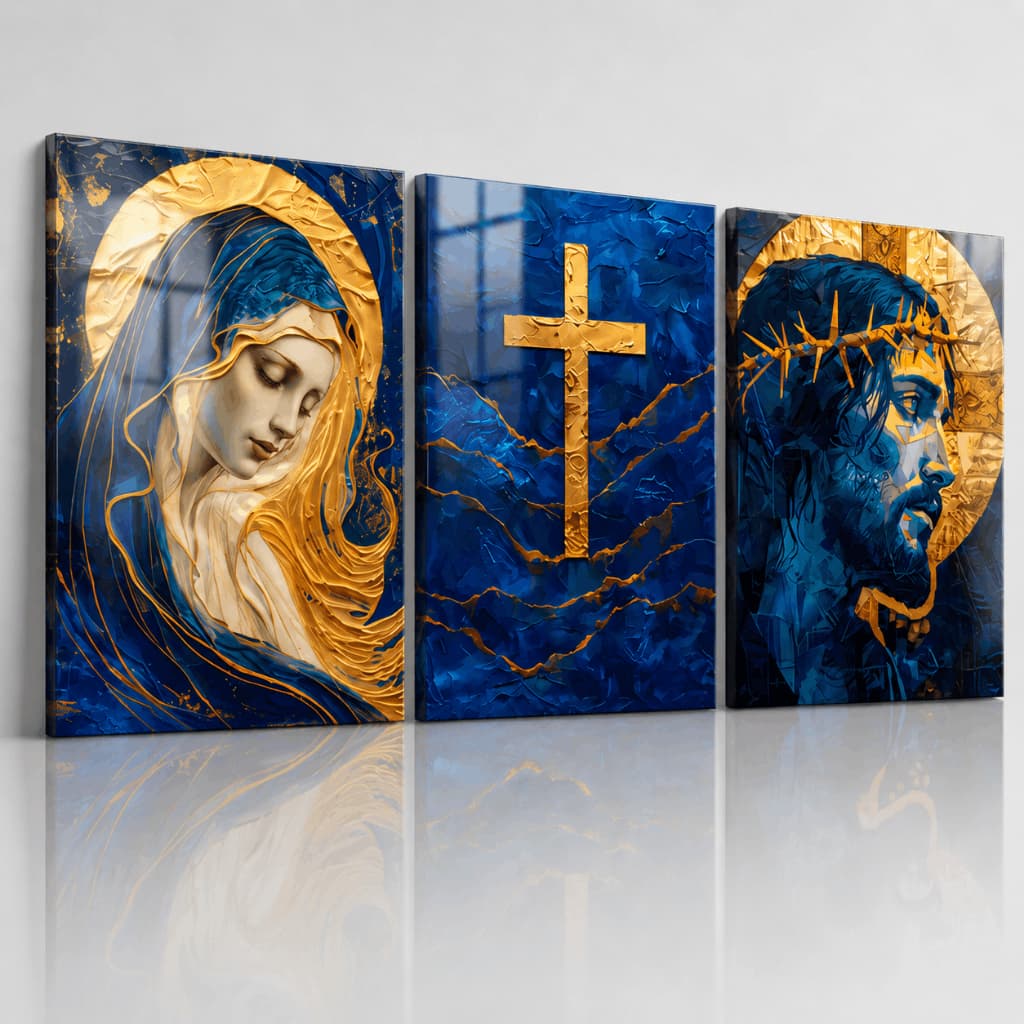 Quadros Decorativos Religiosos Jesus Maria Cruz Azul e Dourado Moderno p/ Sala Quarto