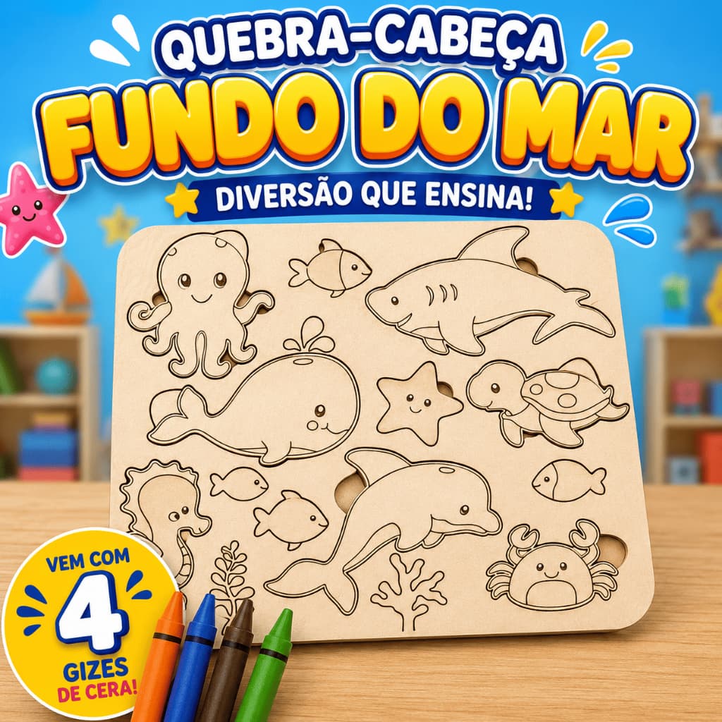 Quebra-Cabeça educativo Fundo do mar colorir, brinquedo, festa e aniversario kit 10