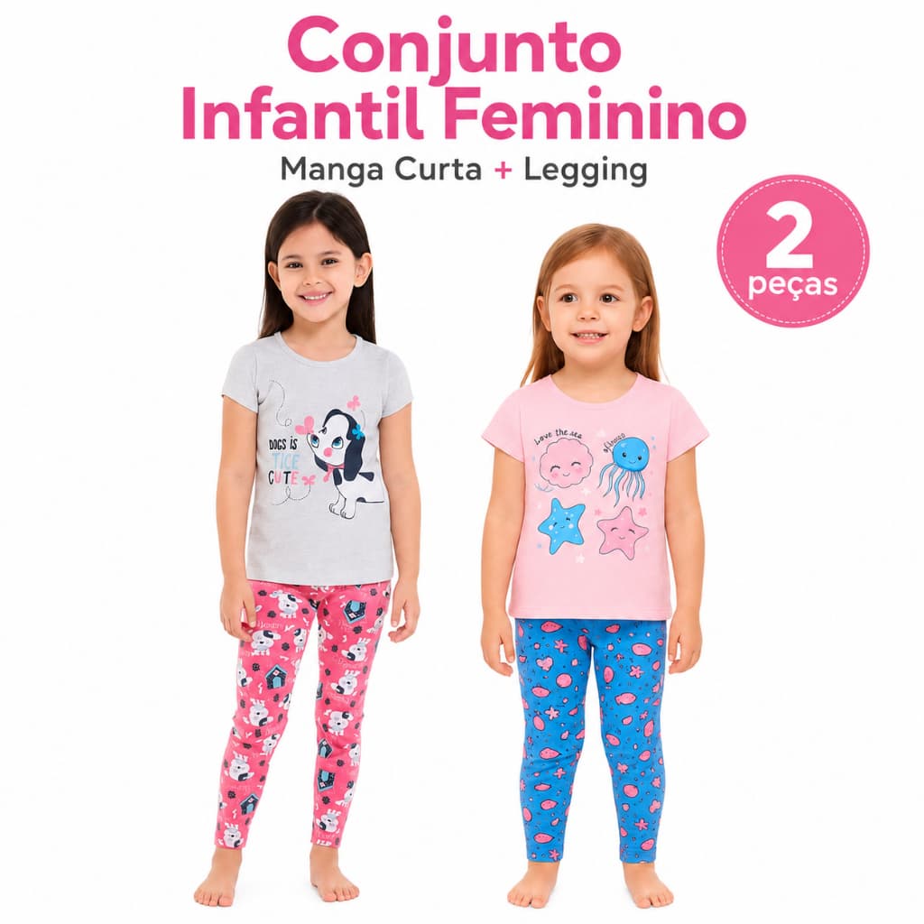 Conjunto Infantil Feminino Meia Estação Manga Curta com Legging Menina 2 Peças