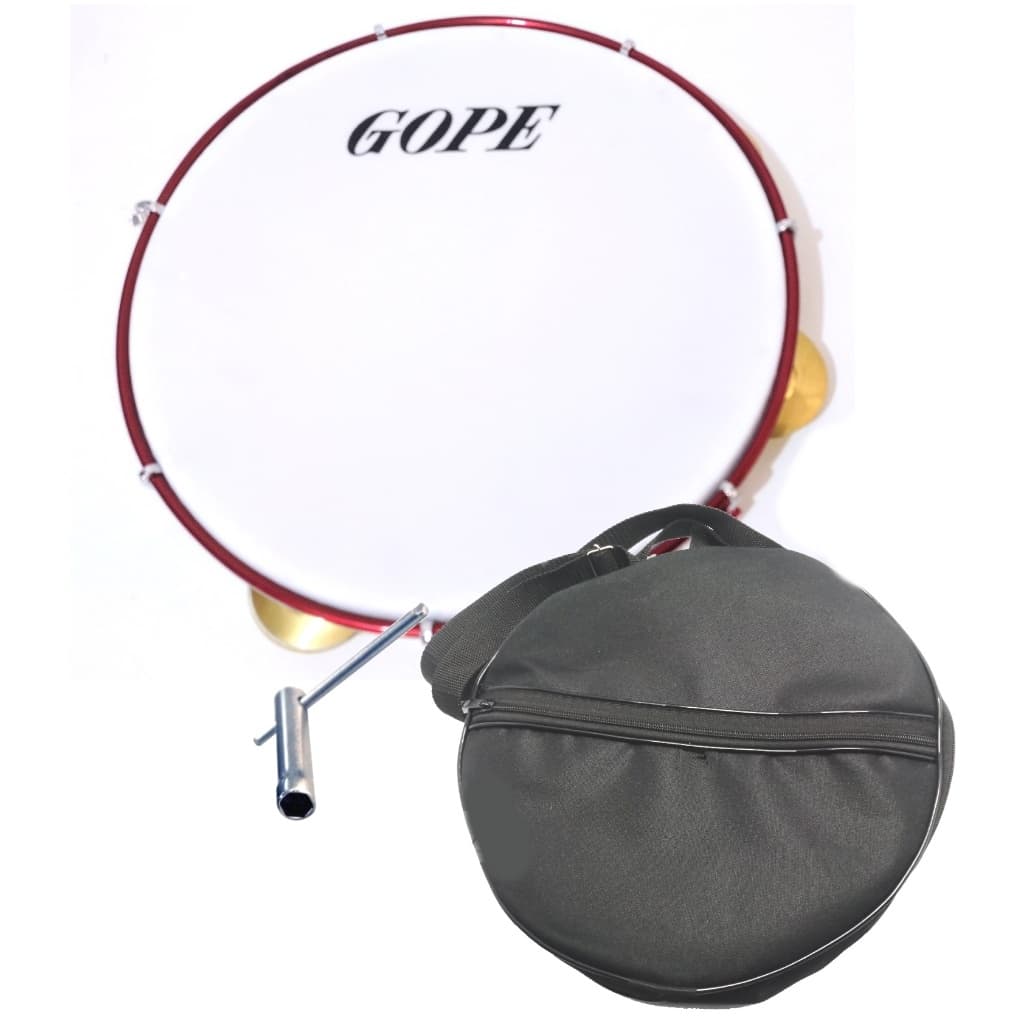 Pandeiro Pandeiro Gope 10" Branco com Cereja Pele Porosa Profissional + Case Simples + Chave de Afinação