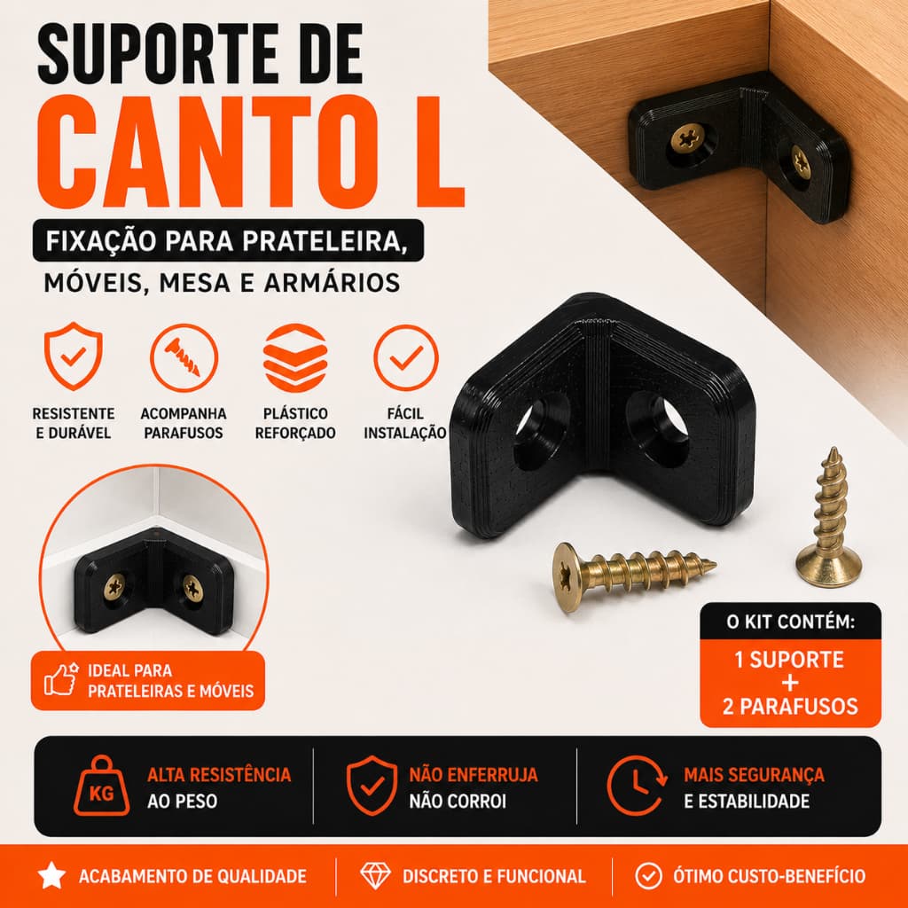 Kit Cantoneira em L fixação Para Prateleira Moveis Mesa Armario Com Parafuso Plastico Reforçado