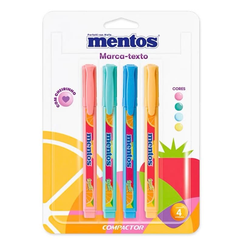 Caneta Marca Texto Compactor Mentos Kit 4 Cores Pastéis - Ponta Chanfrada e Cheiro de Mentos