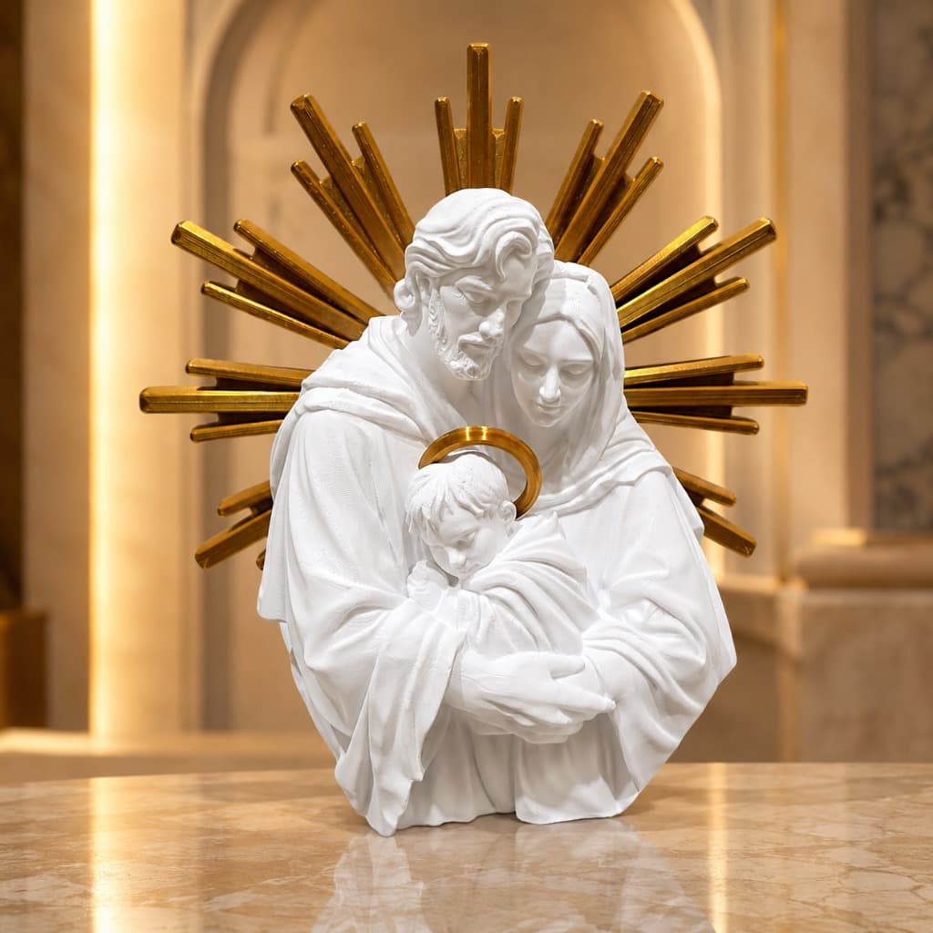 Imagem Sagrada Família Religiosa Sacra Branca Dourada Resplendor 3D Decorativa Parede Altar Presente