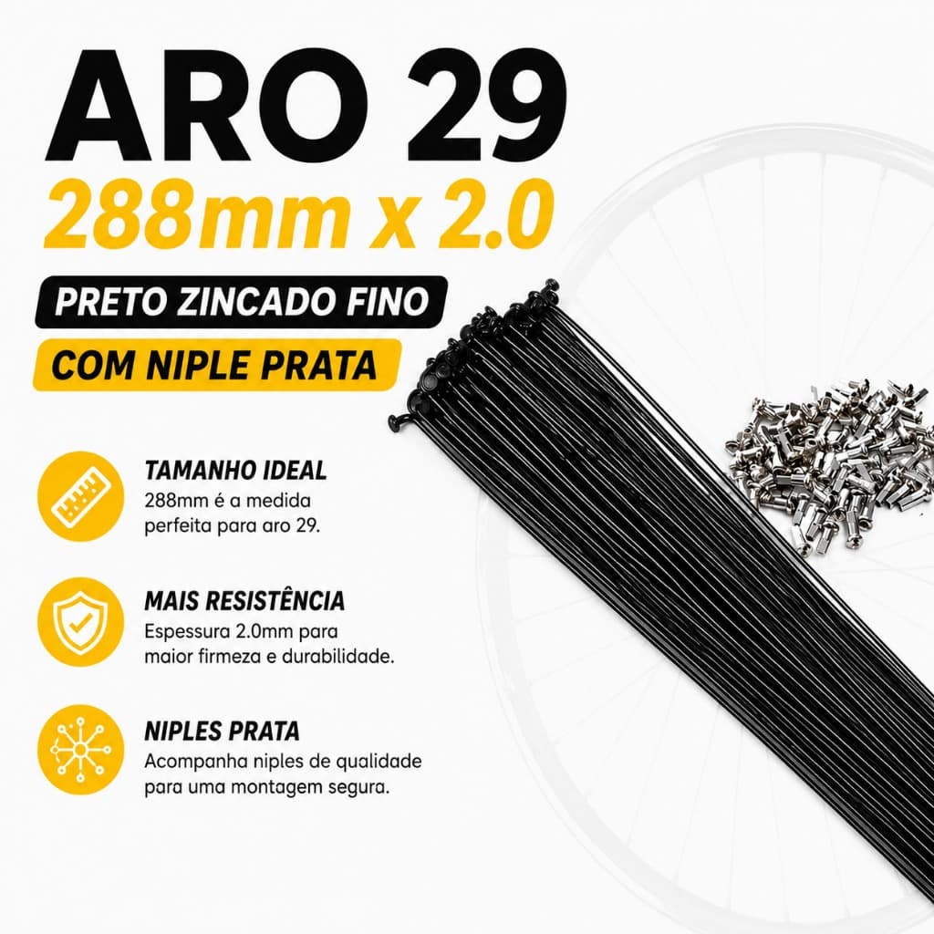 Raio 288 mm x 2.0 - Aro 29 - Cor Preta - Zincado - Raiação Fina - Com Niple Prata