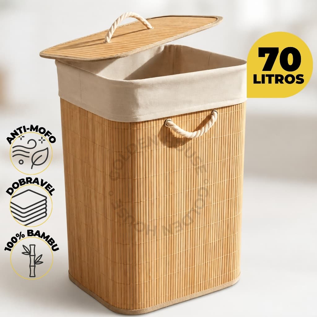Cesto de Roupa Bambu 70L Multiuso Com Forro Dobrável Retangular Grande Com tampa e Alça