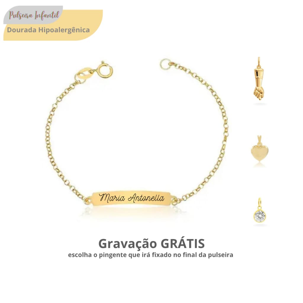 Pulseira Dourada Infantil Bebê Com Nome Gravado Hipoalergênica