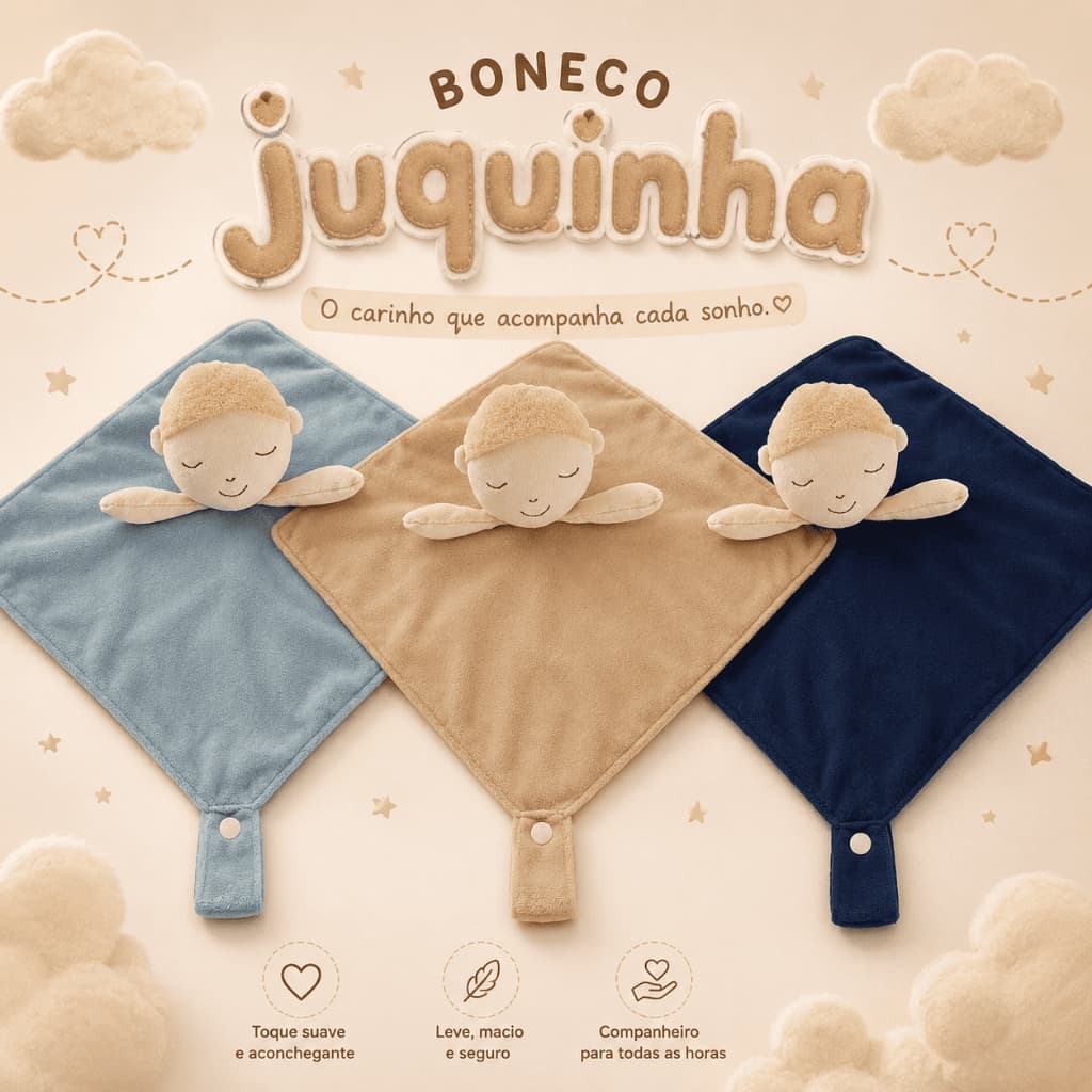 Naninha Bichinhos Bebe em Plush Prendedor Chupeta Boneco Juquinha Azul Marinho Bege