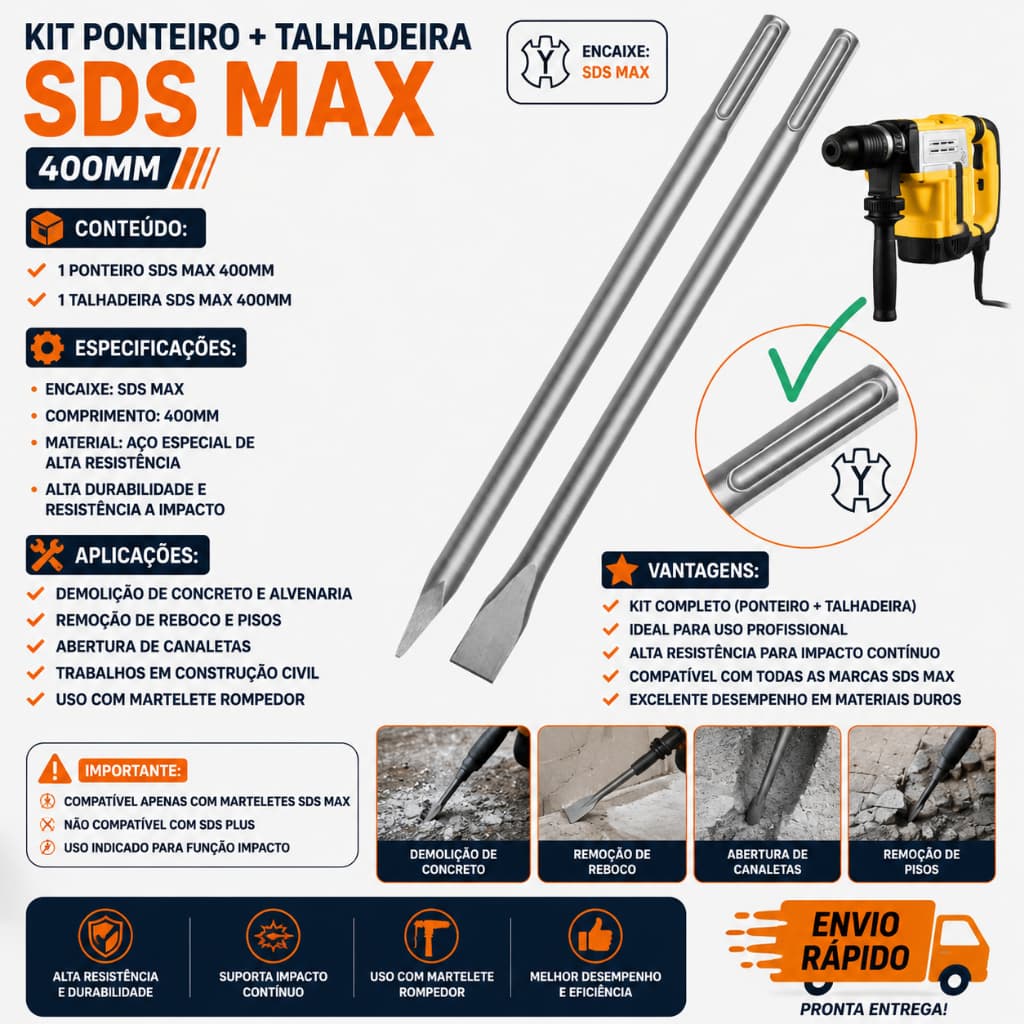 Kit Talhadeira Ponteiro SDS Max 400mm Para Martelete Rompedor Profissional Demolição Pesada