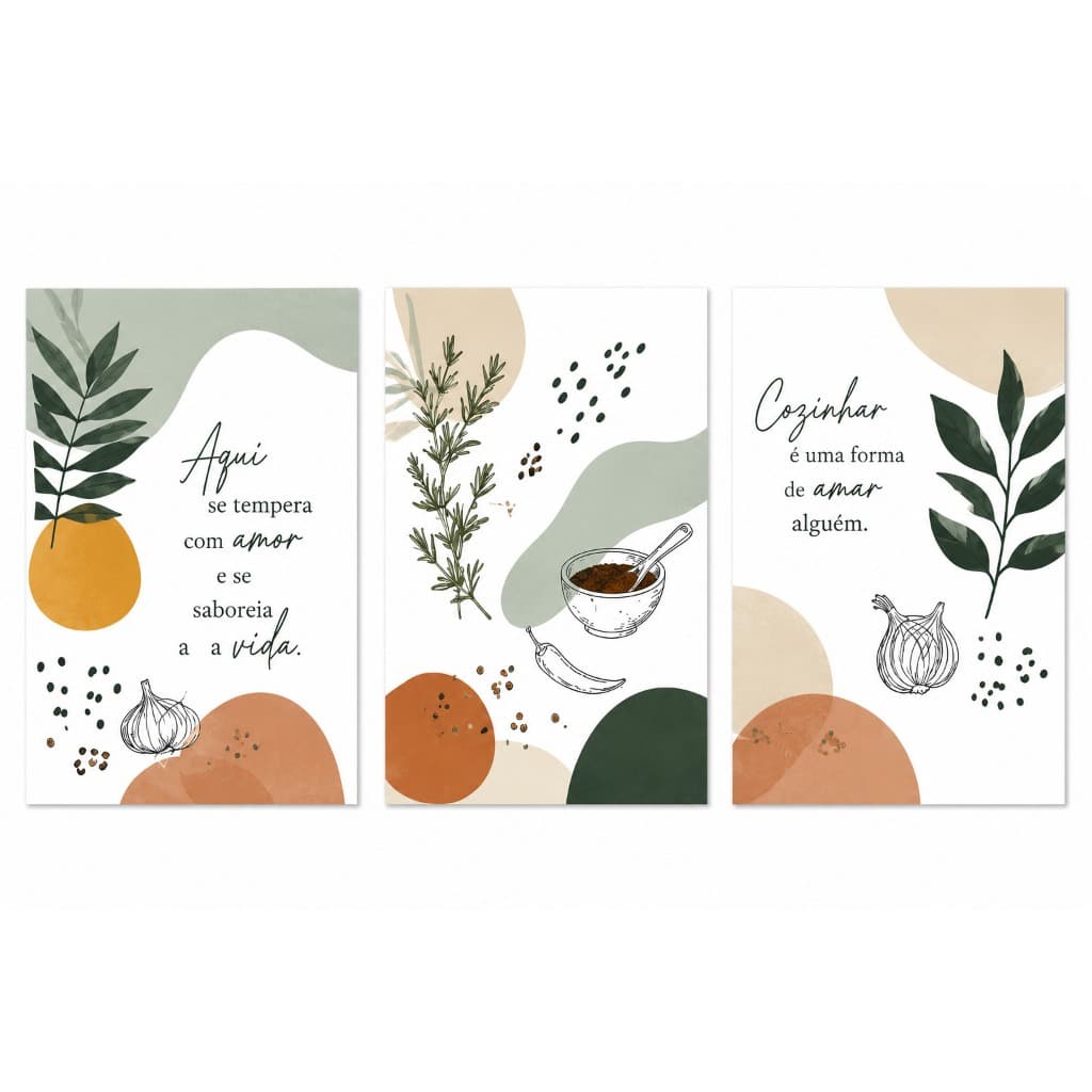 Quadros Decorativos Kit 3 Peças Cozinha Gourmet – Frases Inspiradoras e Arte Botânica Moderna