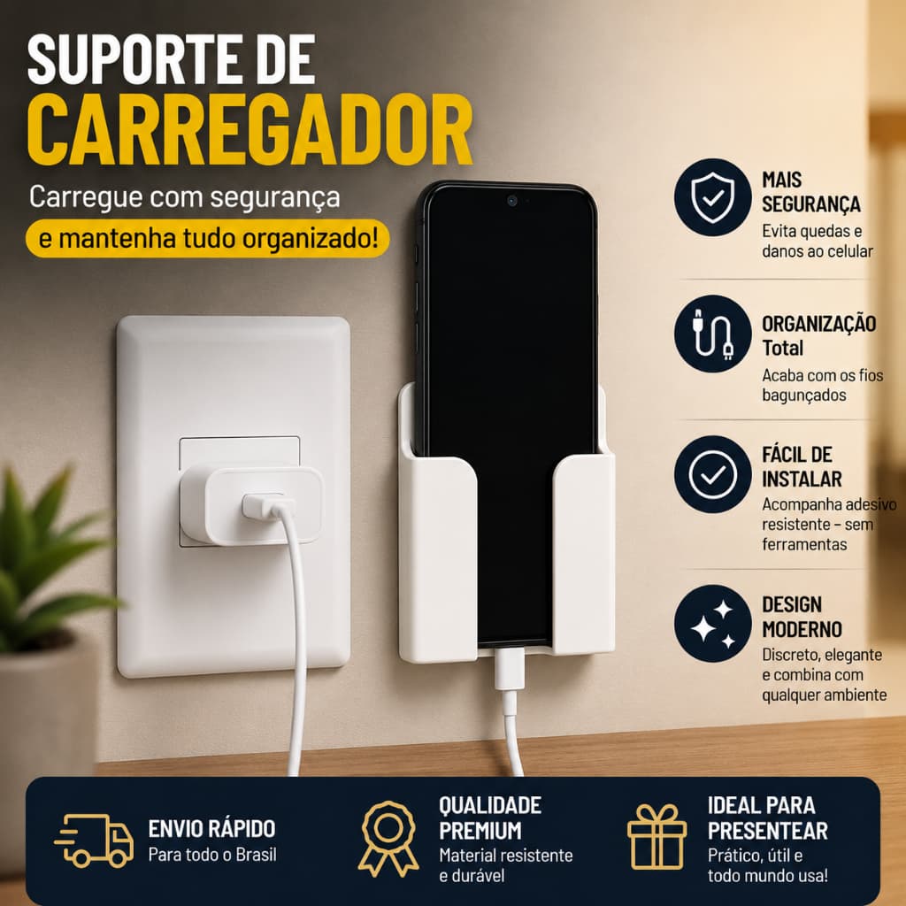 Suporte de parede para celular | Carregamento Seguro | Prático e Resistente