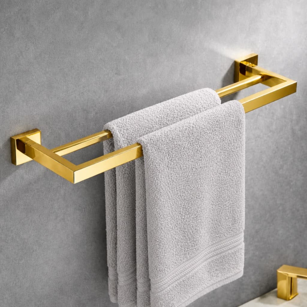 Suporte duplo para toalhas de parede de luxo, 40 cm, em aço inoxidável quadrado – acabamento polido dourado ou prateado.